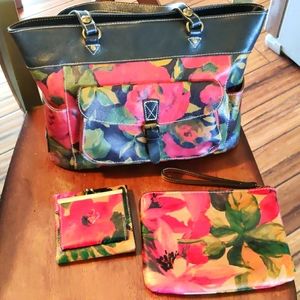 Patricia Nash handbag, billfold and cosmetic bag, springmult color.